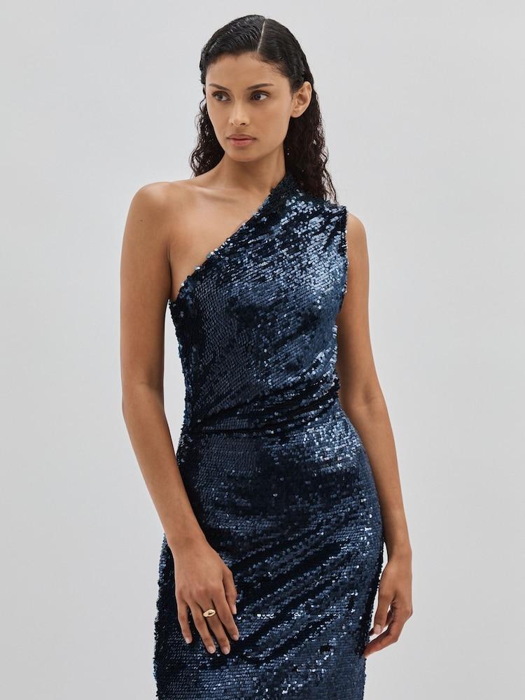 reiss ILTA Sequinned One-Shoulder Maxi Dress in Midnight Navy