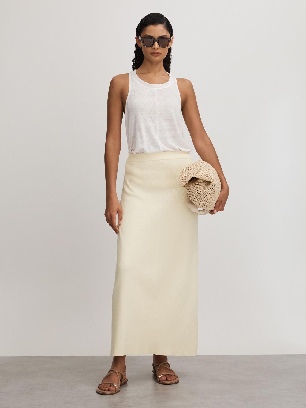 Reiss Ines White Anna Quan Knitted Cotton Midi Skirt