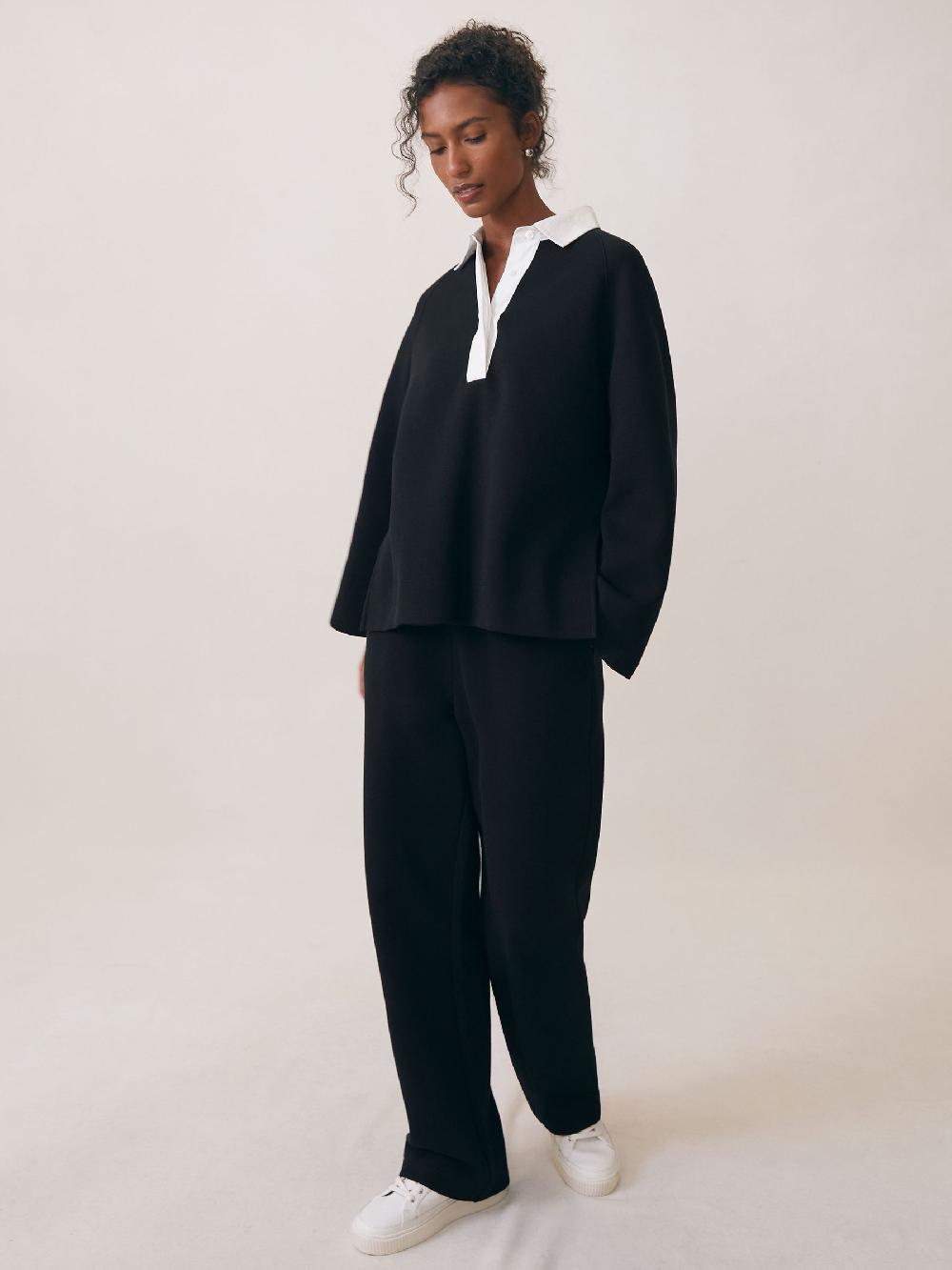 Reiss Interlock Contrast-Collar Sweatshirt In Black/White