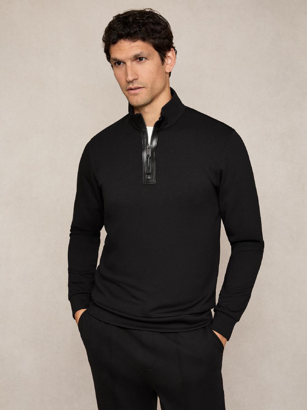 Reiss Interlock Half-Zip Sweatshirt With Trim In Black