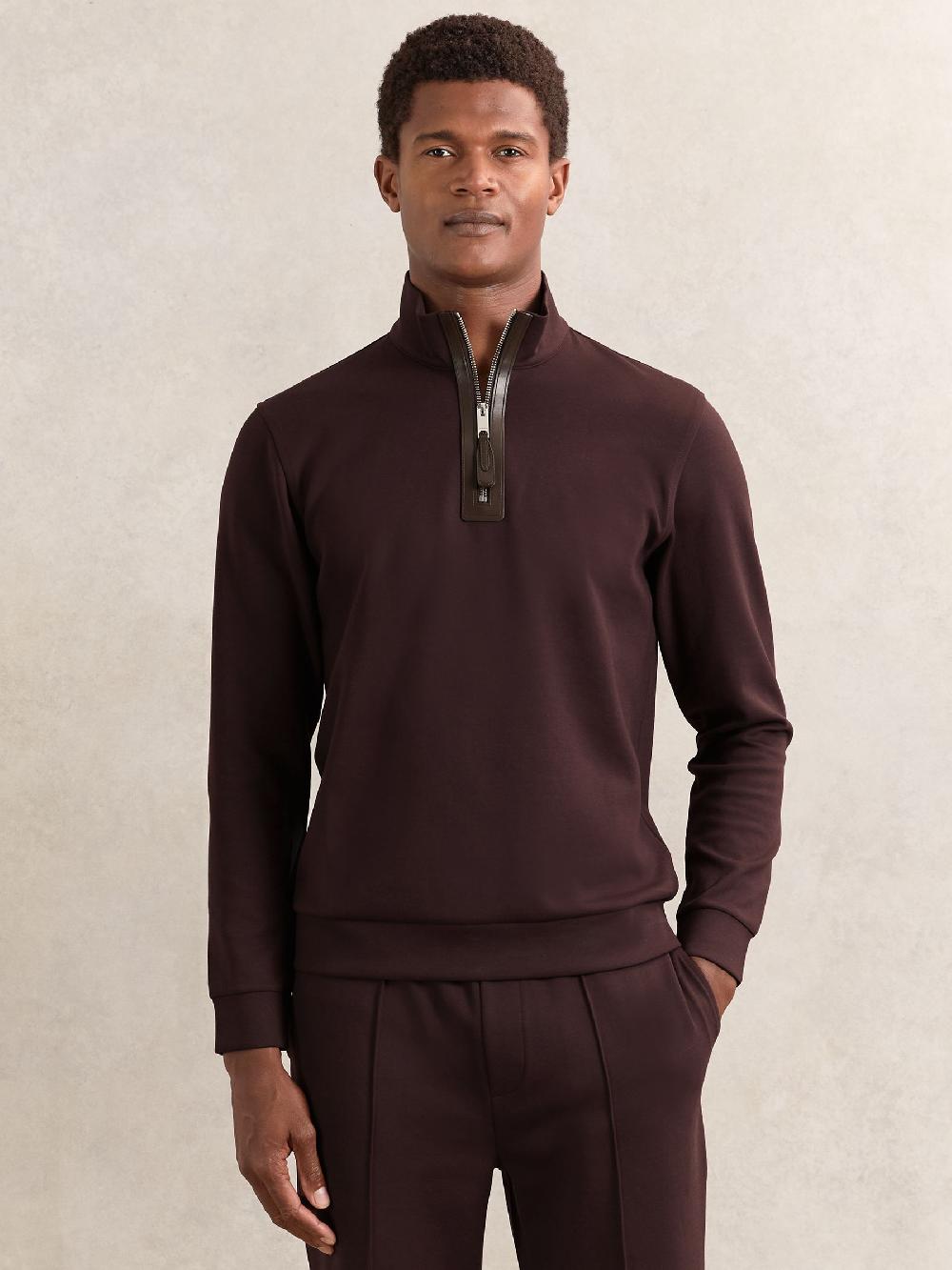 Reiss Interlock Half-Zip Sweatshirt With Trim In Cherry Red