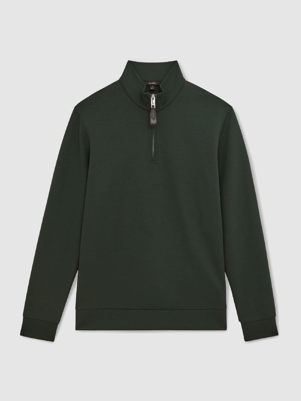 Reiss Interlock Half-Zip Sweatshirt With Trim In Dark Sage Green