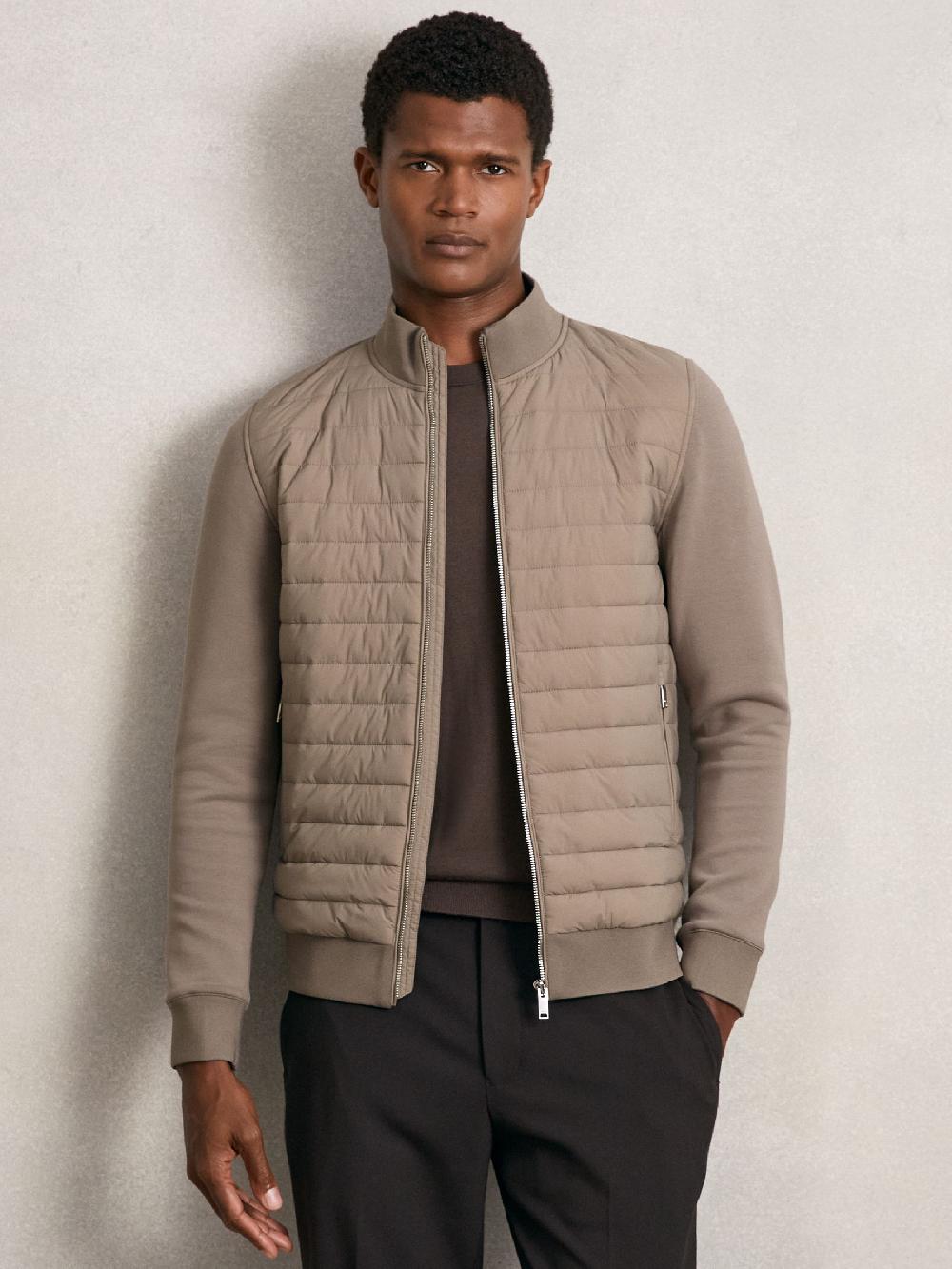 Reiss Interlock Hybrid Funnel-Neck Jacket In Taupe Brown