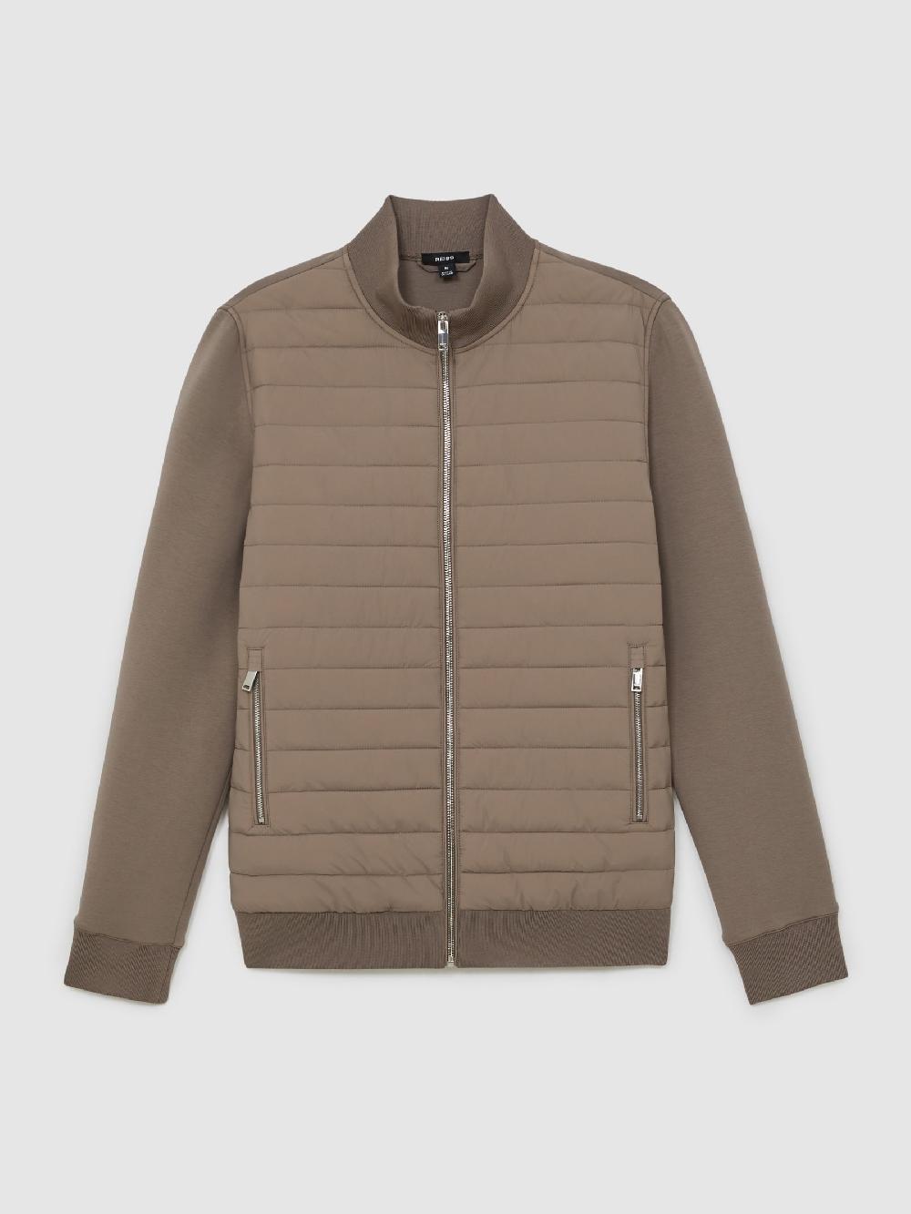 Reiss Interlock Hybrid Funnel-Neck Jacket In Taupe Brown