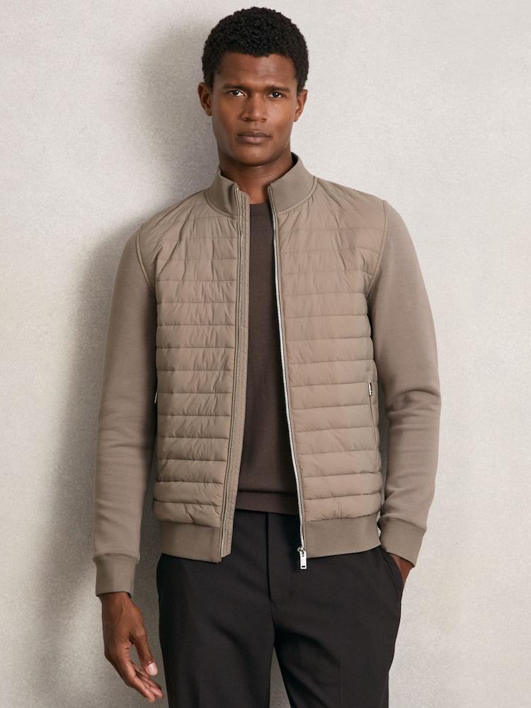 reiss Interlock Hybrid Funnel-Neck Jacket in Taupe Brown
