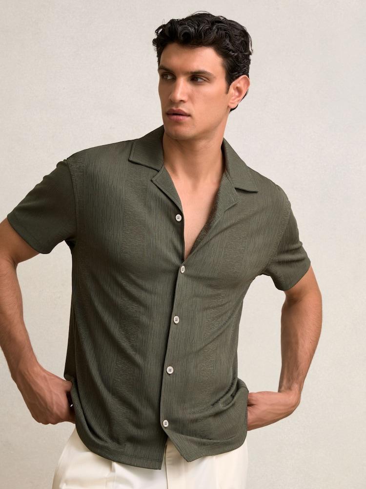 reiss Jacquard-Stripe Cuban-Collar Shirt in Dark Green