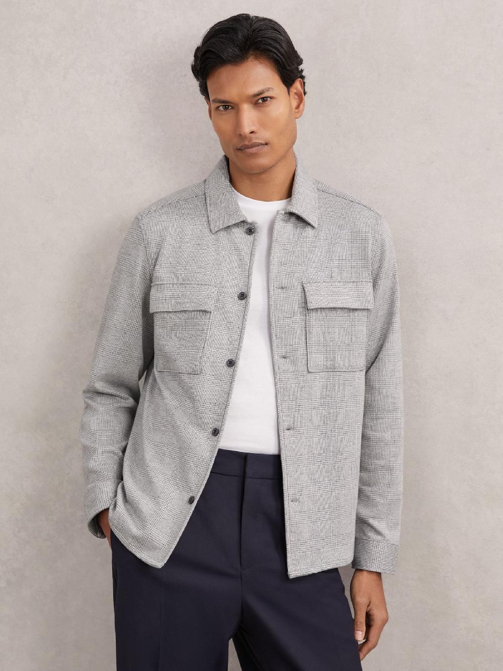 Reiss Jersey Check Twin-Pocket Overshirt In Soft Grey