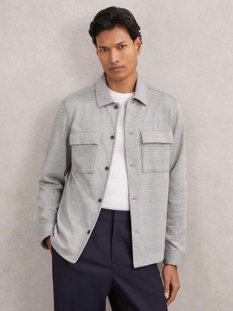 reiss Jersey Check Twin-Pocket Overshirt in Soft Grey