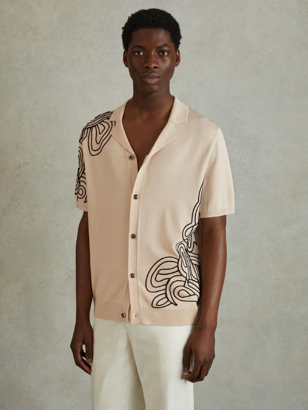Reiss Jersey Embroidered Cuban Collar Shirt In Cream
