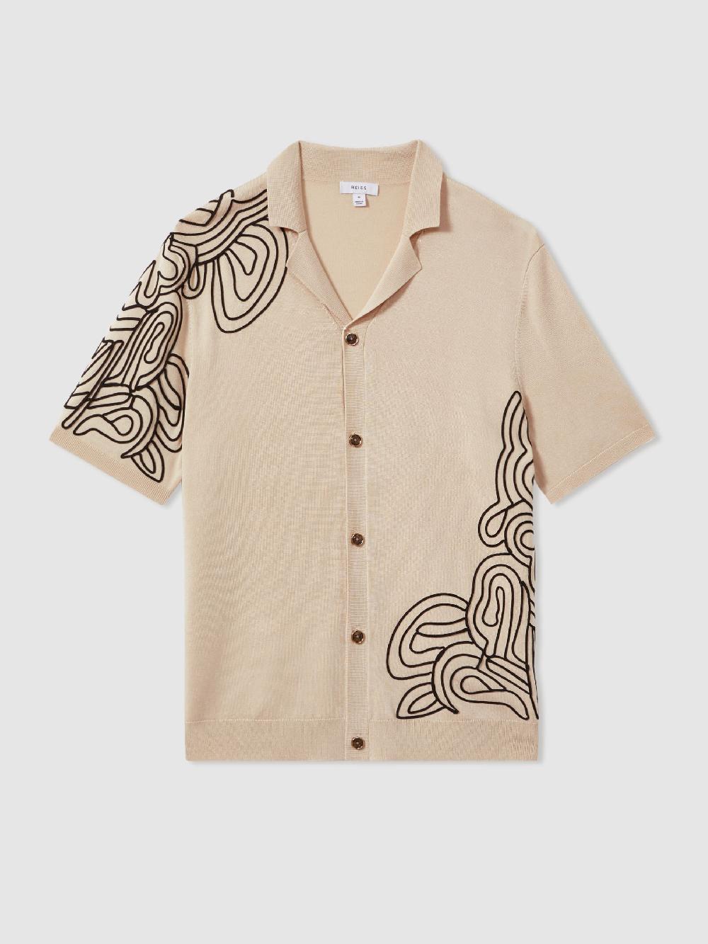 Reiss Jersey Embroidered Cuban Collar Shirt In Cream
