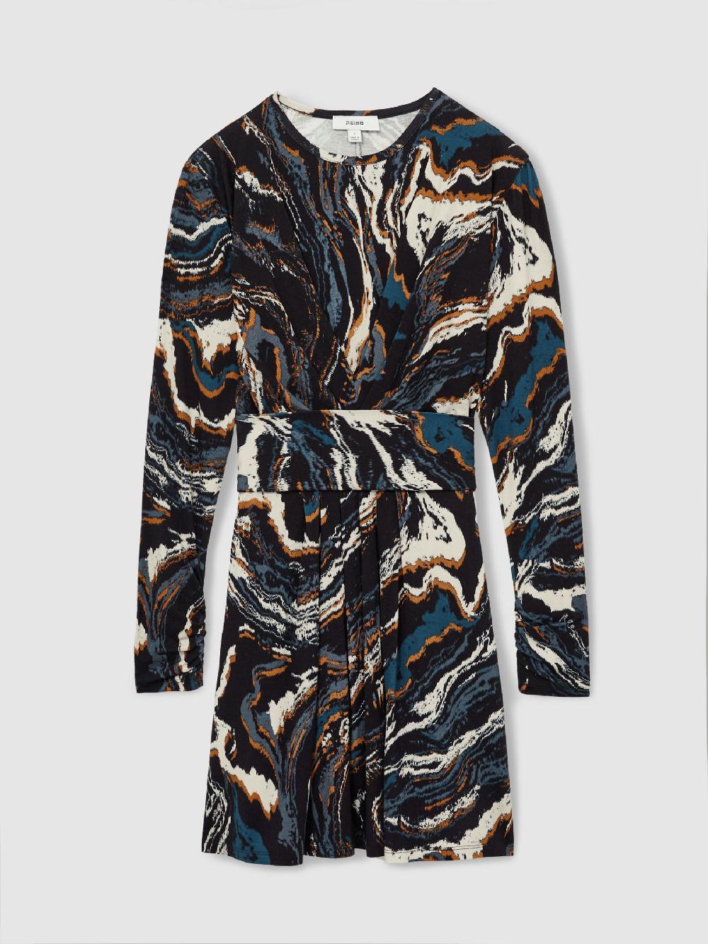 Reiss Jersey Printed Tie-Waist Mini Dress In Black/Blue