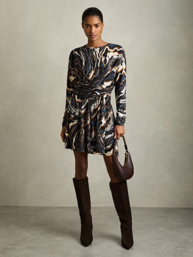 reiss Jersey Printed Tie-Waist Mini Dress in Black/Blue