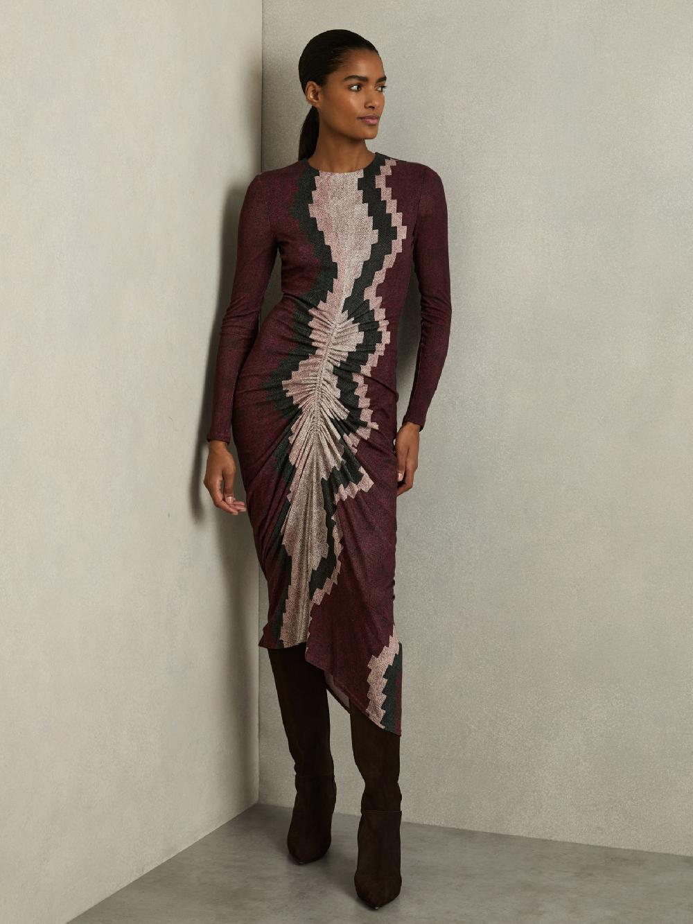 Reiss Jersey Ruched Printed Dress With Wool In Burgundy