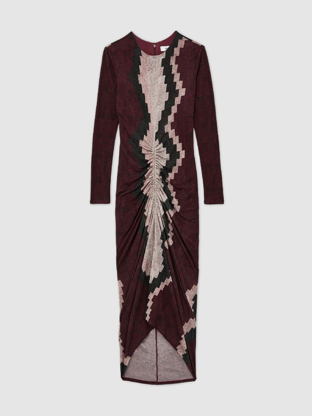 Reiss Jersey Ruched Printed Dress With Wool In Burgundy