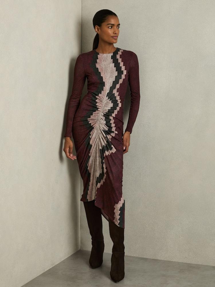 reiss Jersey Ruched Printed Dress With Wool in Burgundy