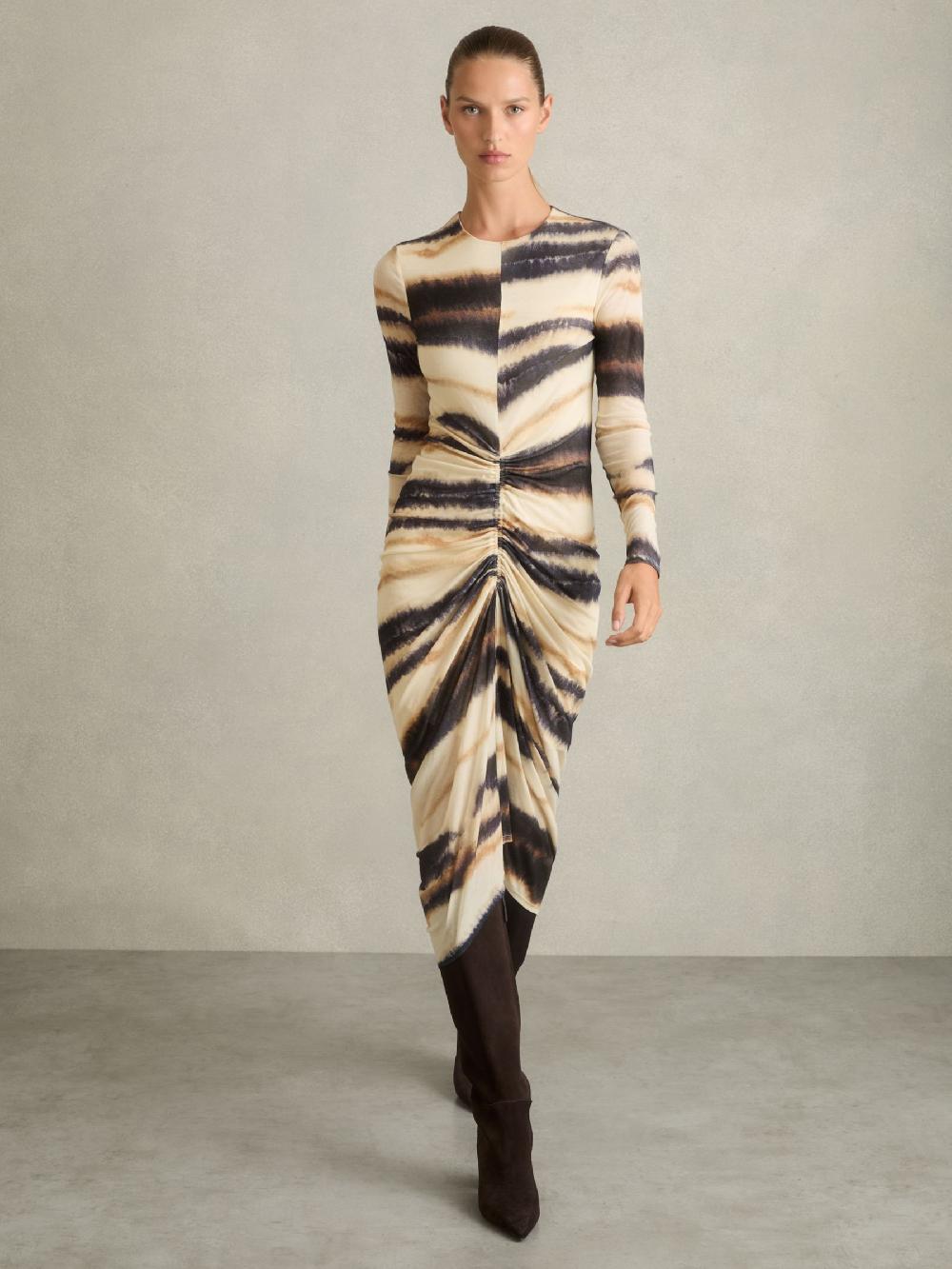 Reiss Jersey Ruched Printed Dress With Wool In Neutral/Navy