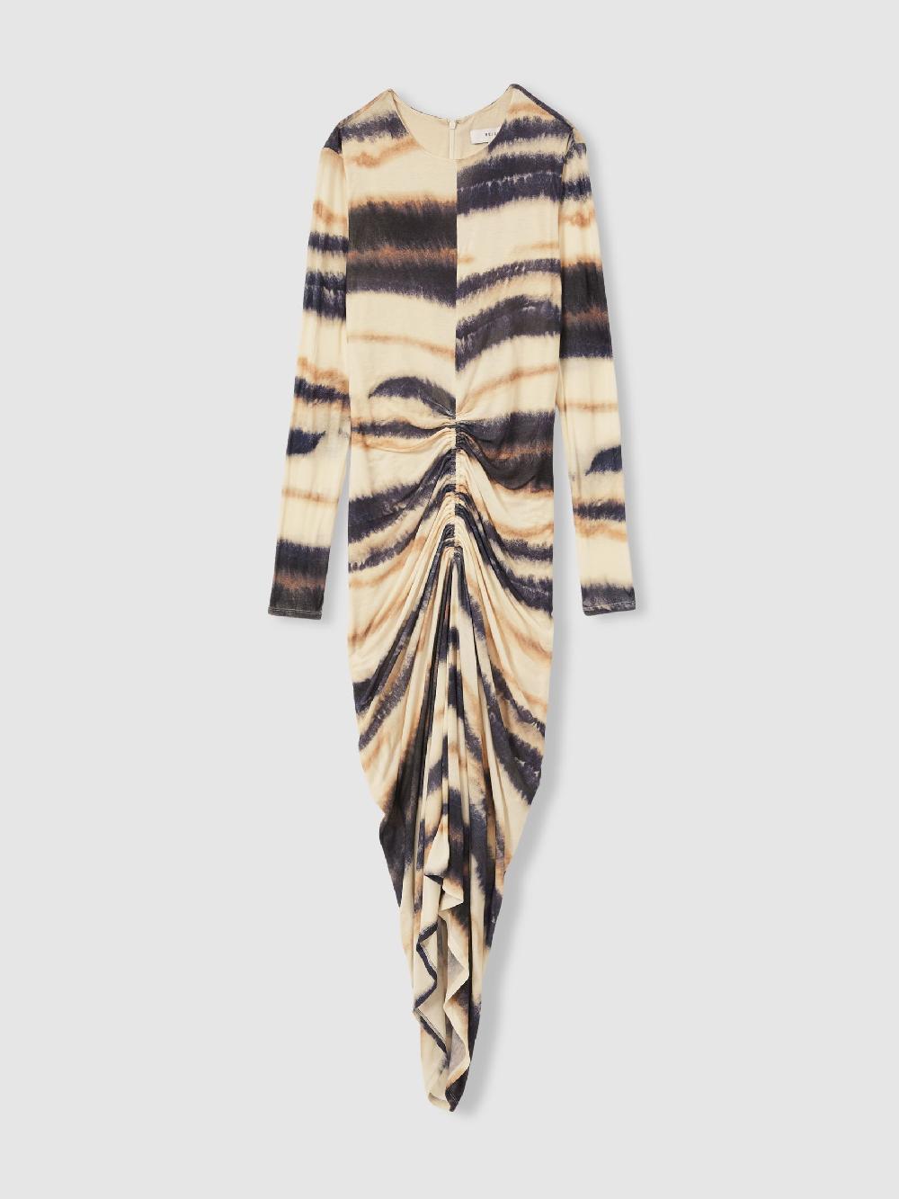 Reiss Jersey Ruched Printed Dress With Wool In Neutral/Navy