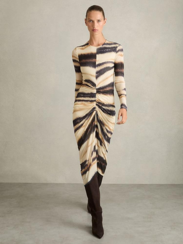 reiss Jersey Ruched Printed Dress With Wool in Neutral/Navy