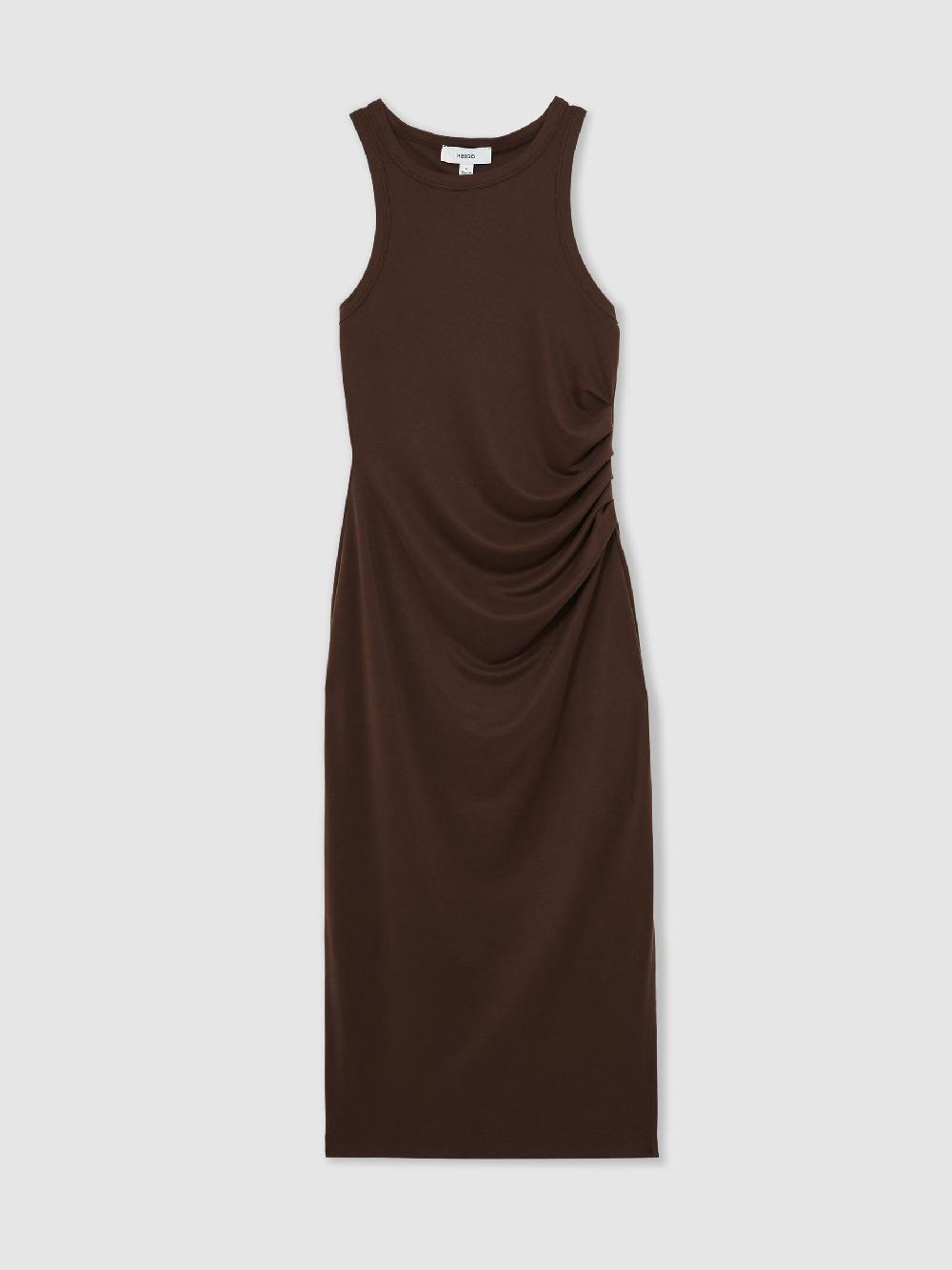 Reiss Jersey Ruched Racer Midi Dress In Chocolate Brown