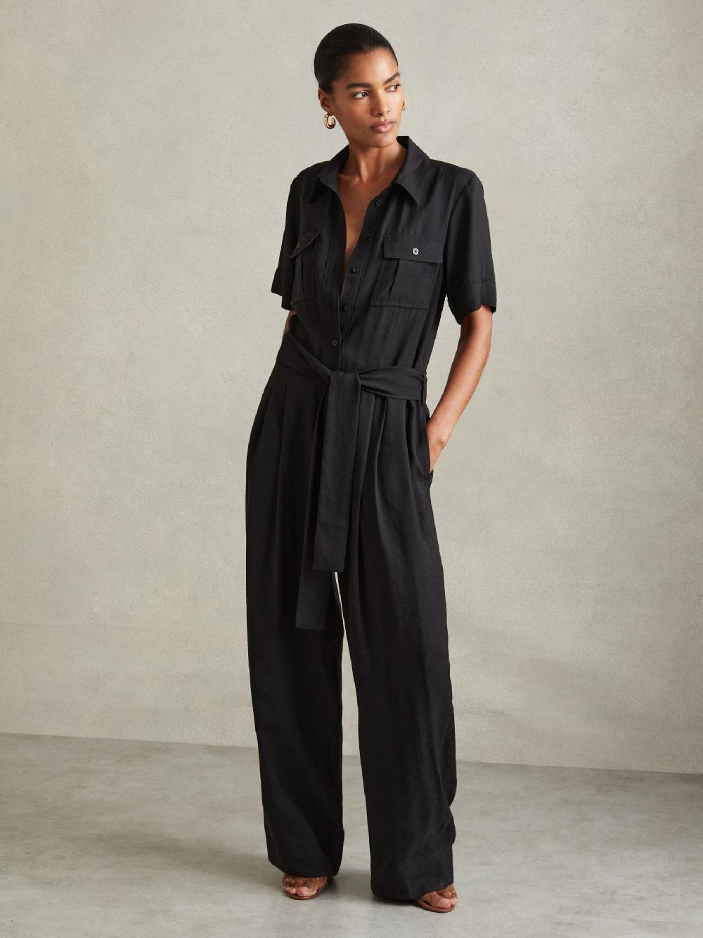 Reiss Joanie Black Belted Utility Wide Leg Jumpsuit