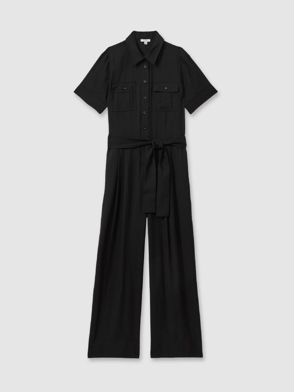 Reiss Joanie Black Belted Utility Wide Leg Jumpsuit