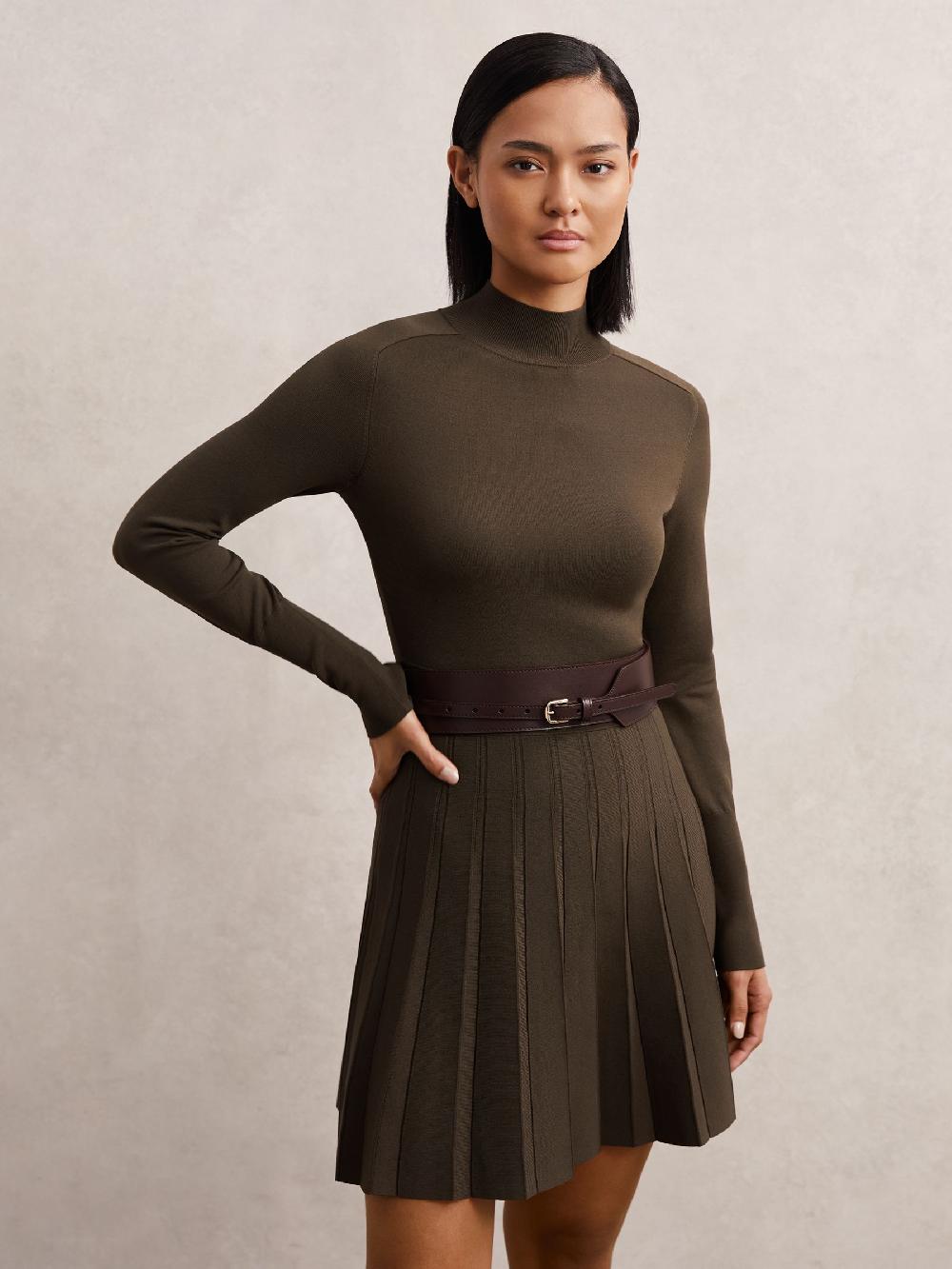 Reiss Knitted Belted Skater Mini Dress In Mocha Brown