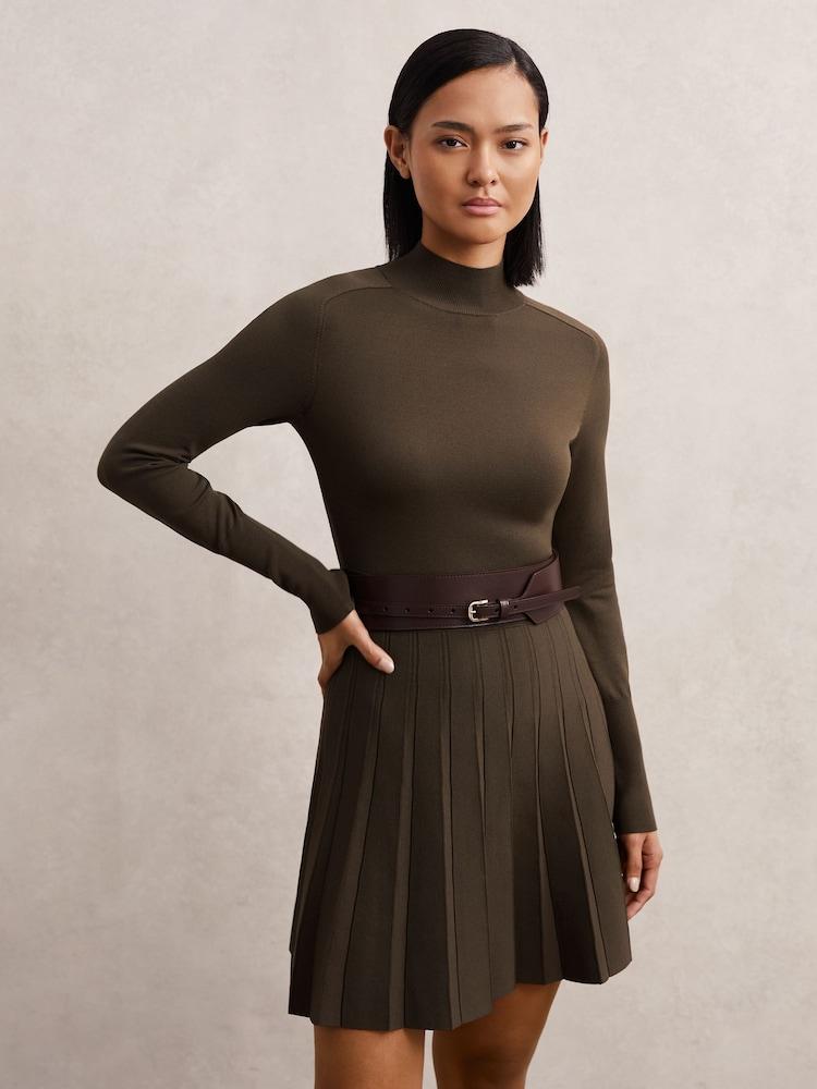 reiss Knitted Belted Skater Mini Dress in Mocha Brown