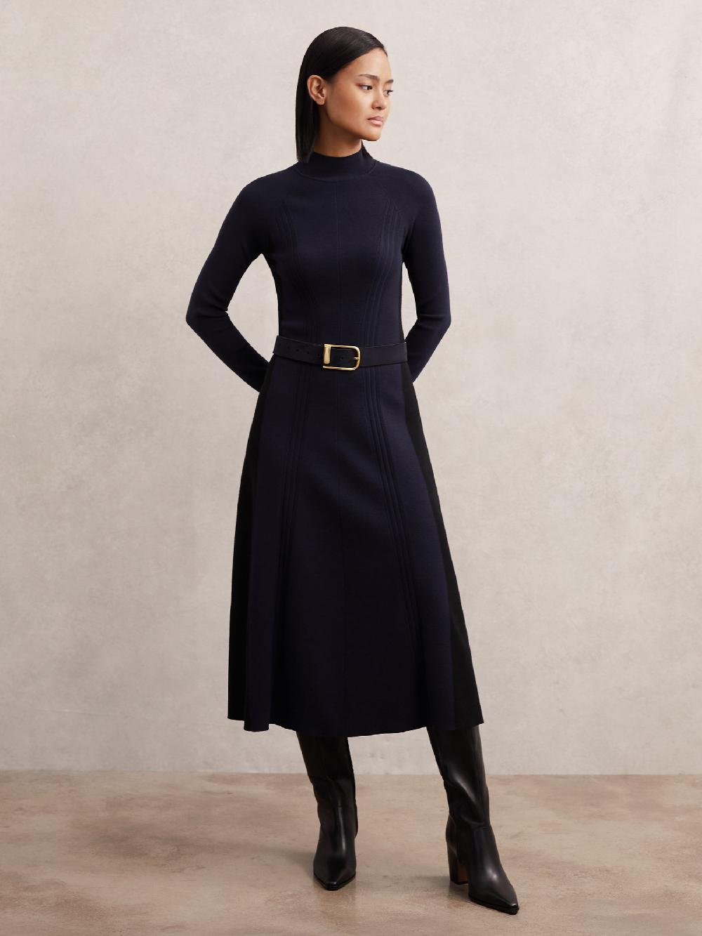Reiss Knitted Contrast-Panel Midi Dress In Navy/Black