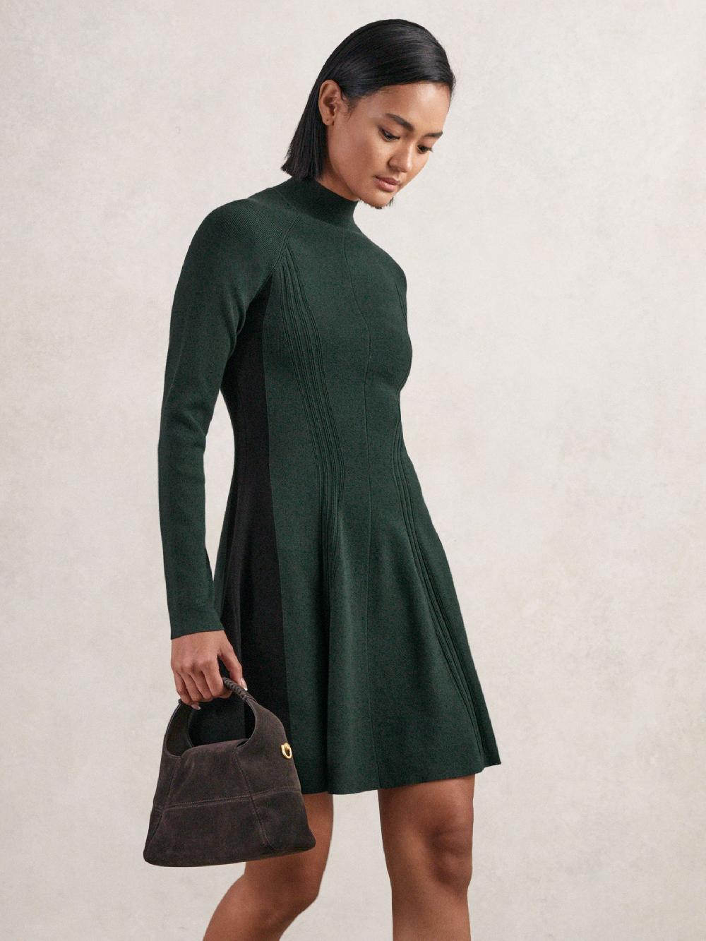 Reiss Knitted Contrast-Panel Skater Dress In Green/Black