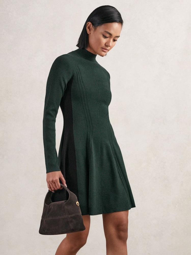 reiss Knitted Contrast-Panel Skater Dress in Green/Black