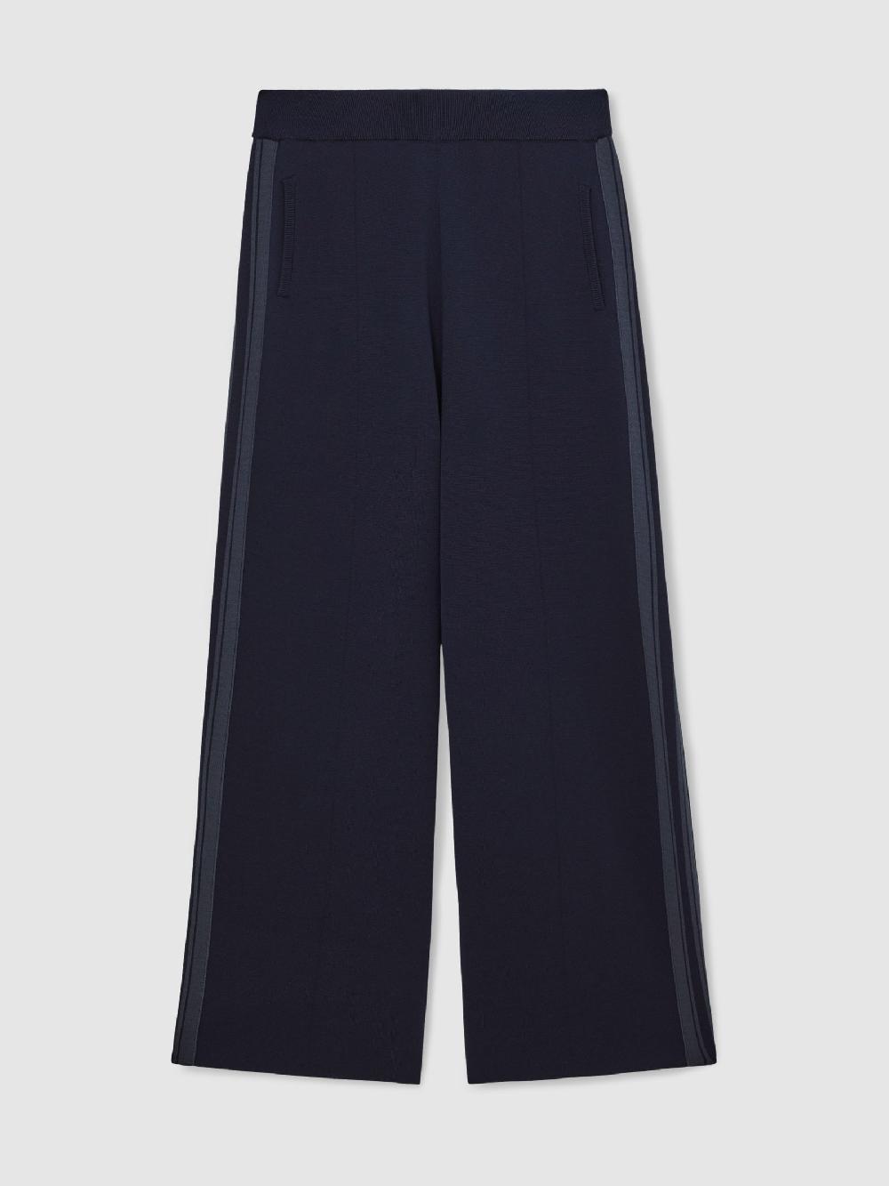 Reiss Knitted Side-Stripe Wide-Leg Trousers In Navy