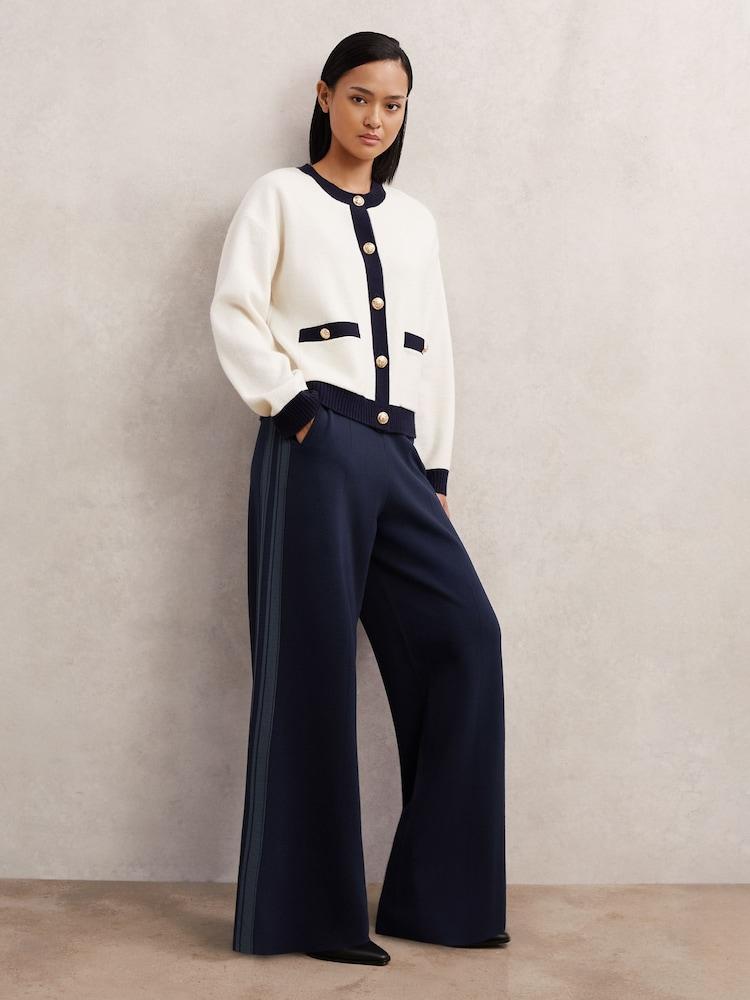 reiss Knitted Side-Stripe Wide-Leg Trousers in Navy