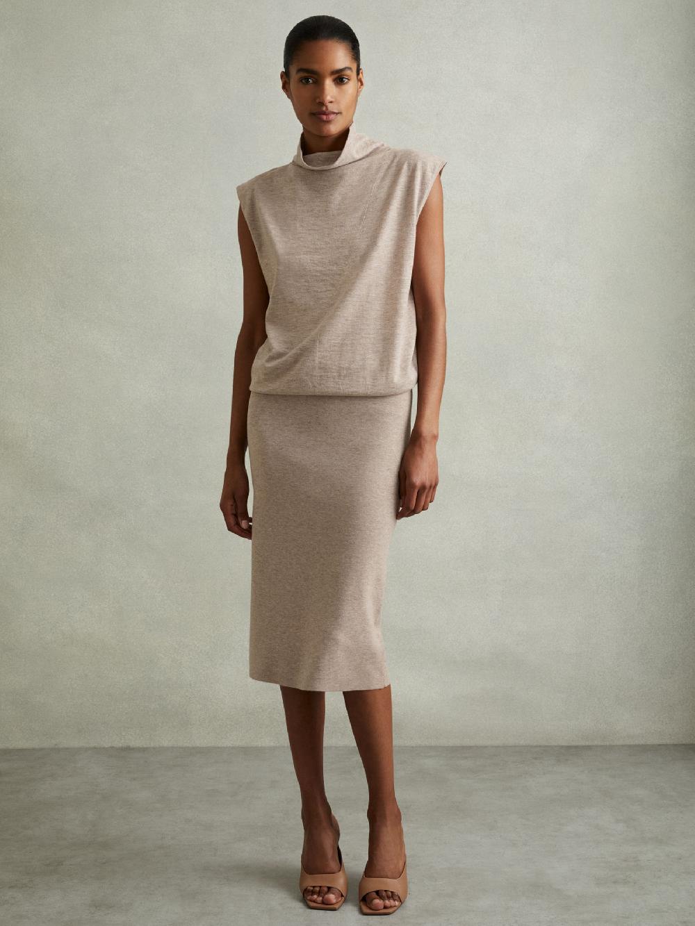 Reiss Knitted Wool-Cashmere Blouson Top Midi Dress In Neutral