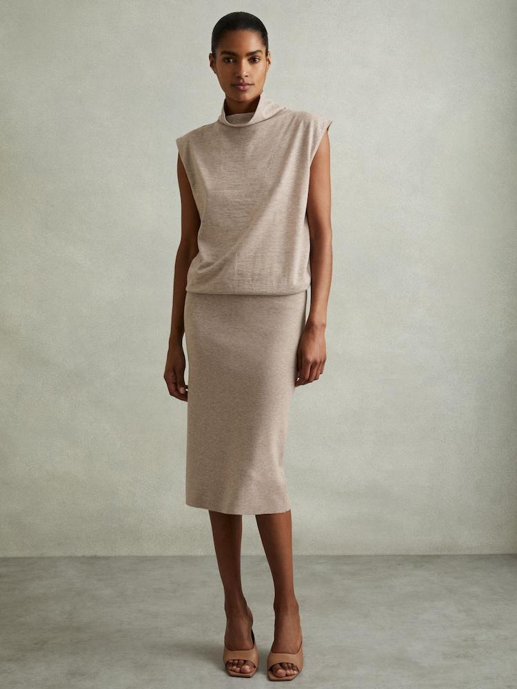 reiss Knitted Wool-Cashmere Blouson Top Midi Dress in Neutral