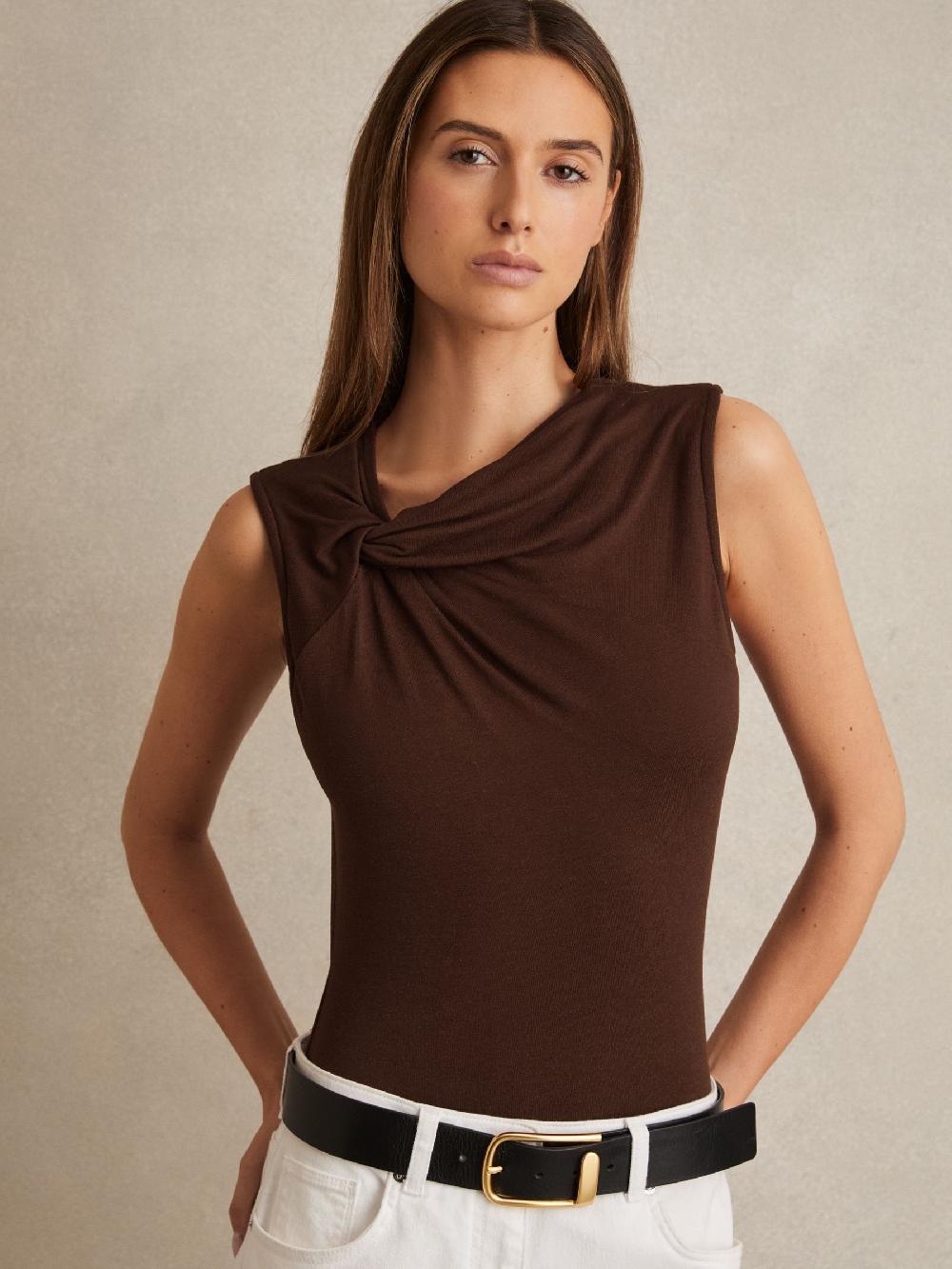 Reiss Knot Detail Jersey Bodysuit In Chocolate Brown