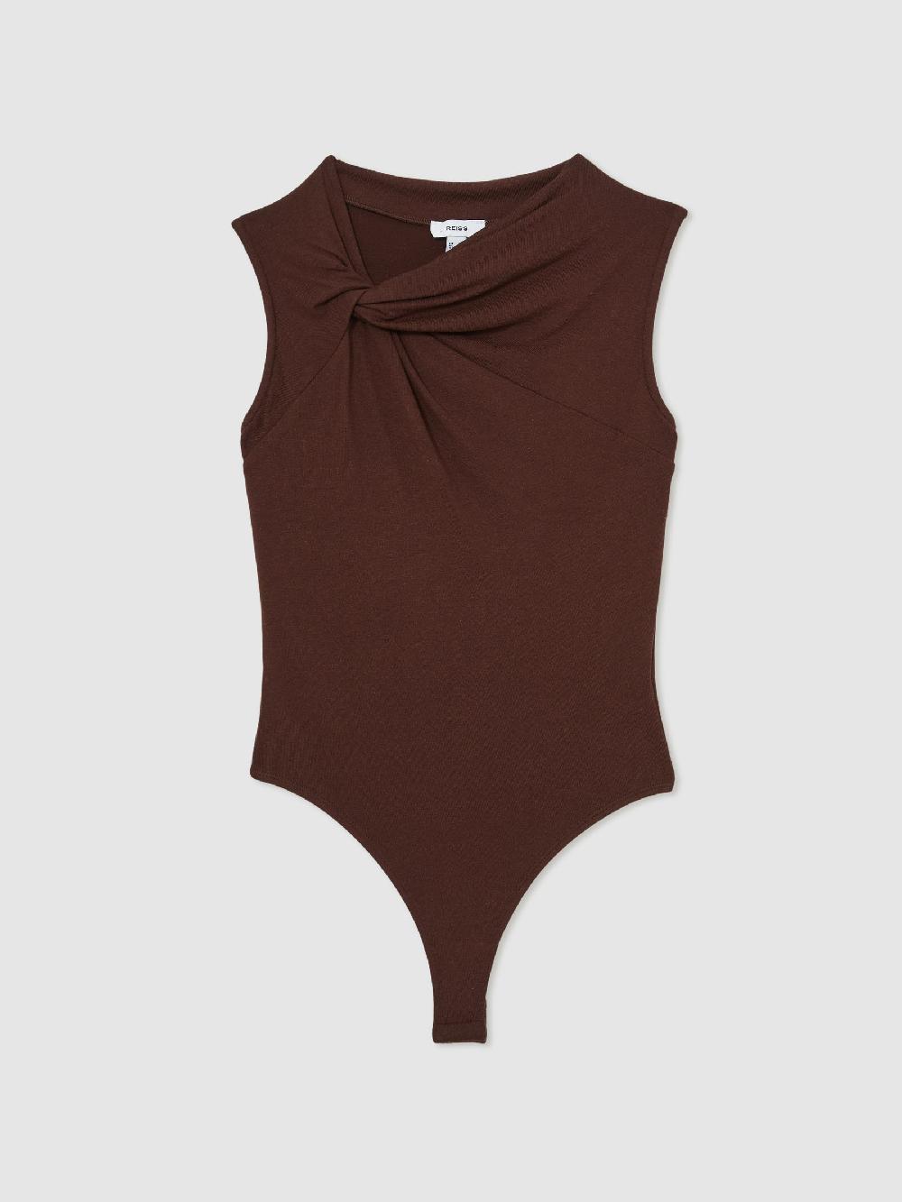 Reiss Knot Detail Jersey Bodysuit In Chocolate Brown