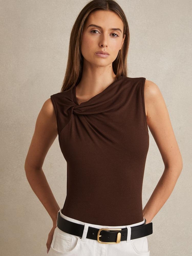 reiss Knot Detail Jersey Bodysuit in Chocolate Brown