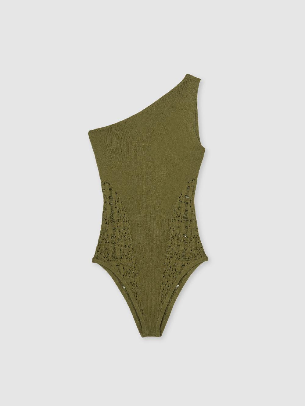 Reiss Lace-Knit Detail One-Shoulder Bodysuit In Green