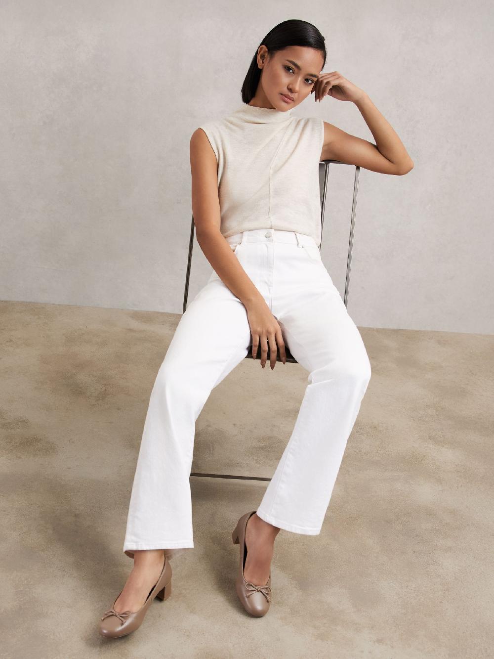 Reiss Leather Block Heel Ballerina Shoes In Neutral