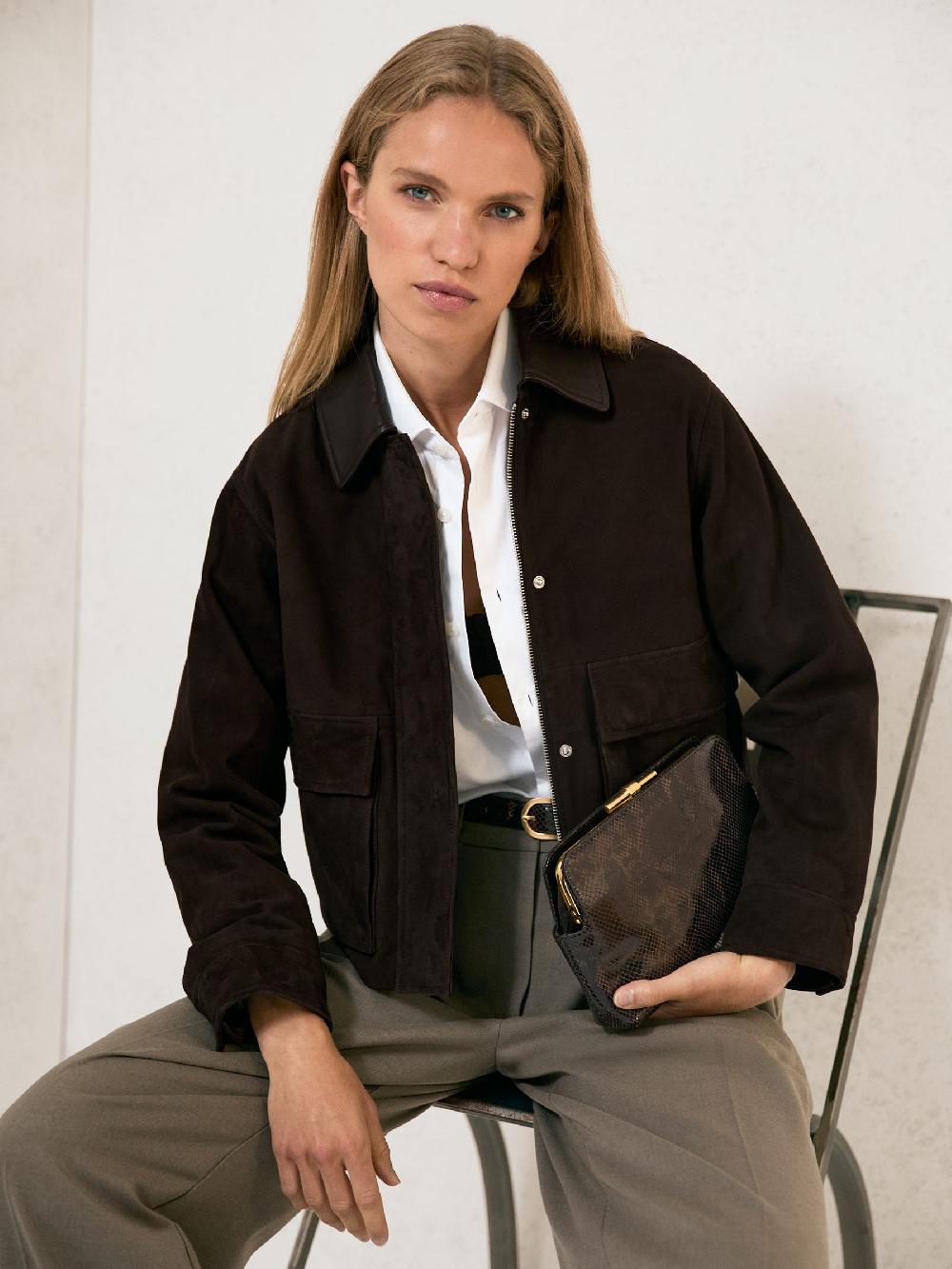 Reiss Leather-Collar Suede Jacket In Chocolate Brown