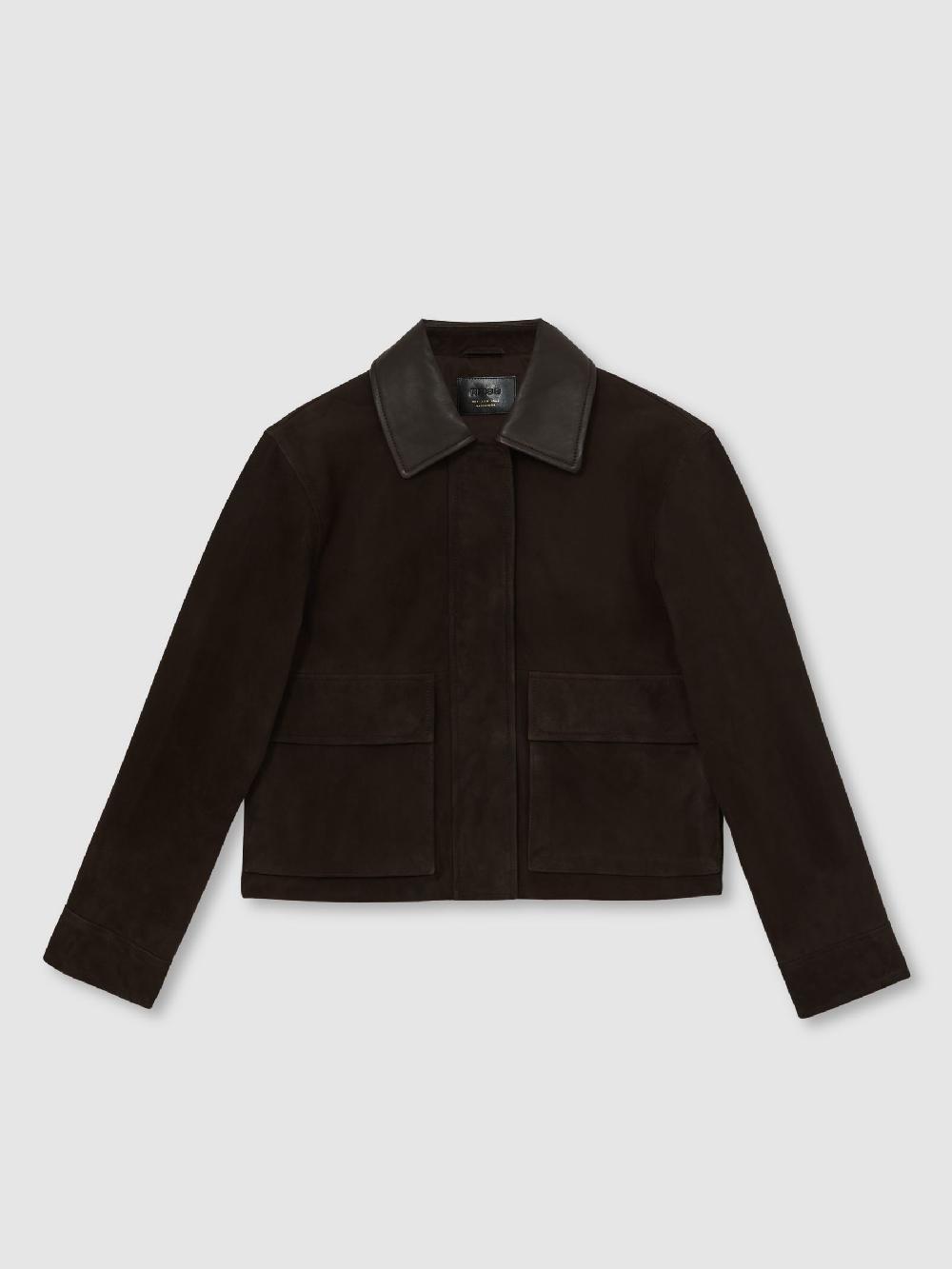 Reiss Leather-Collar Suede Jacket In Chocolate Brown