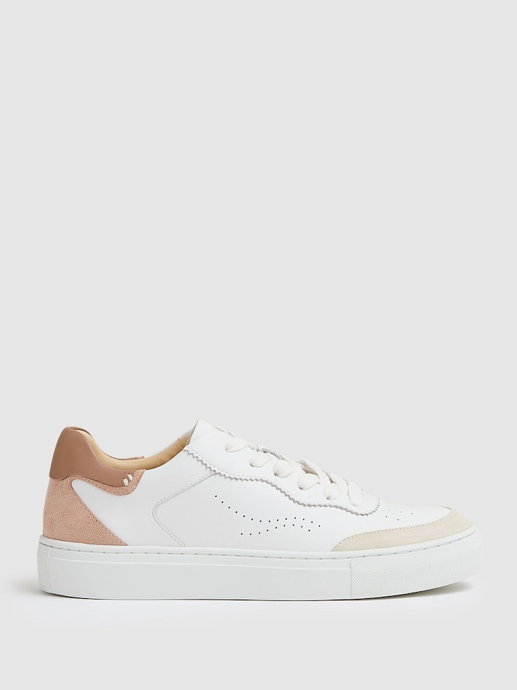reiss Leather Contrast Detail Trainers in White/Nude