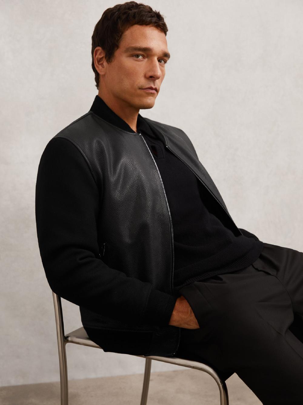 Reiss Leather Contrast-Sleeve Bomber Jacket In Black