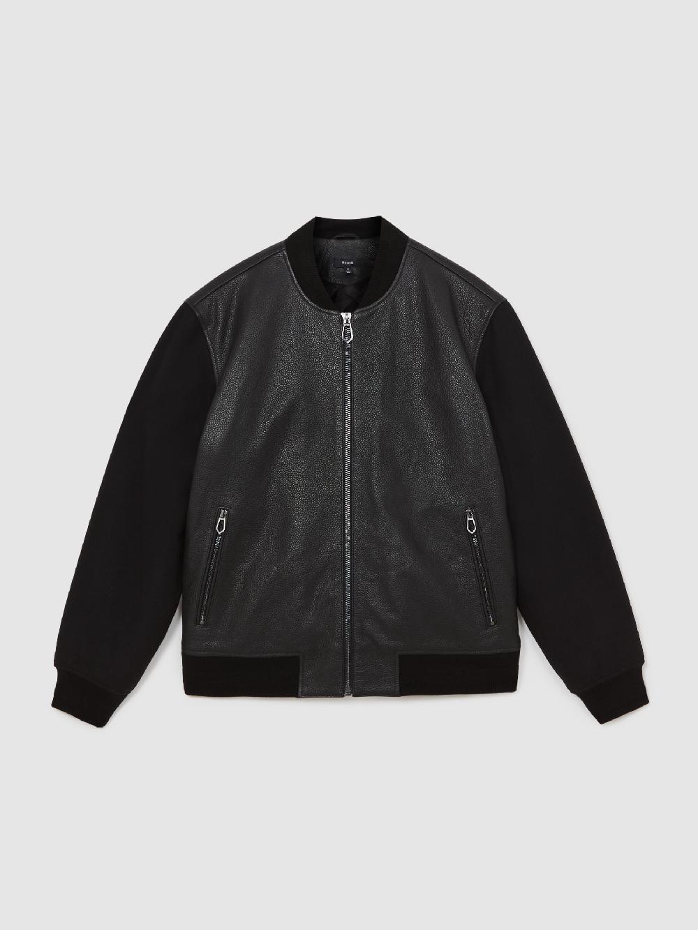Reiss Leather Contrast-Sleeve Bomber Jacket In Black