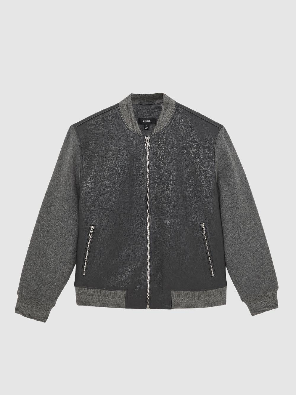 Reiss Leather Contrast-Sleeve Bomber Jacket In Grey