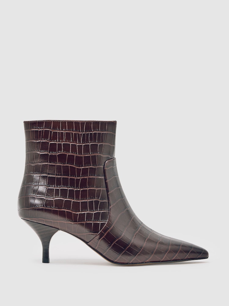reiss Leather Crocodile-Effect Ankle Boots in Burgundy