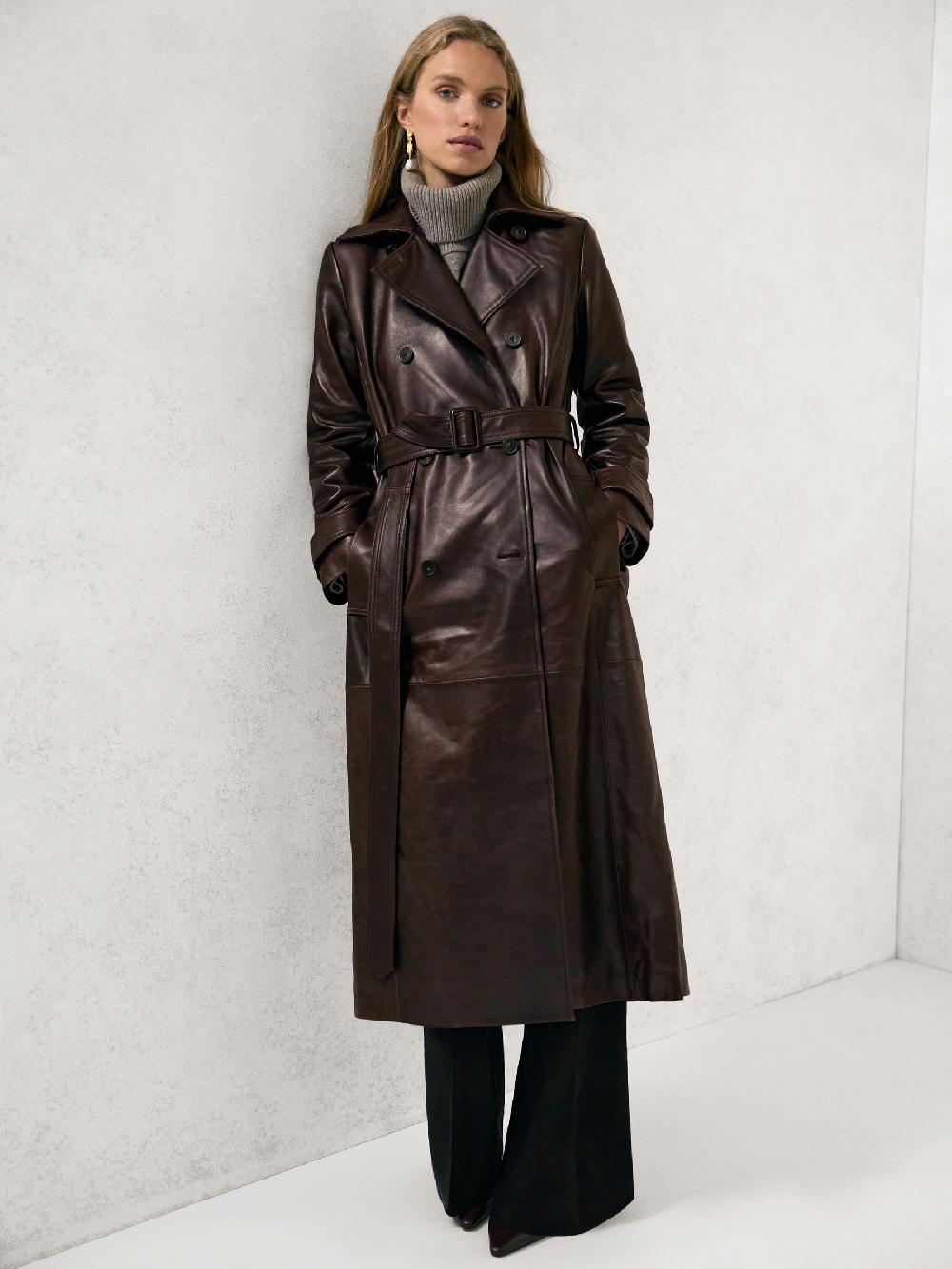 Reiss Leather Double-Breasted Trench Coat In Chocolate