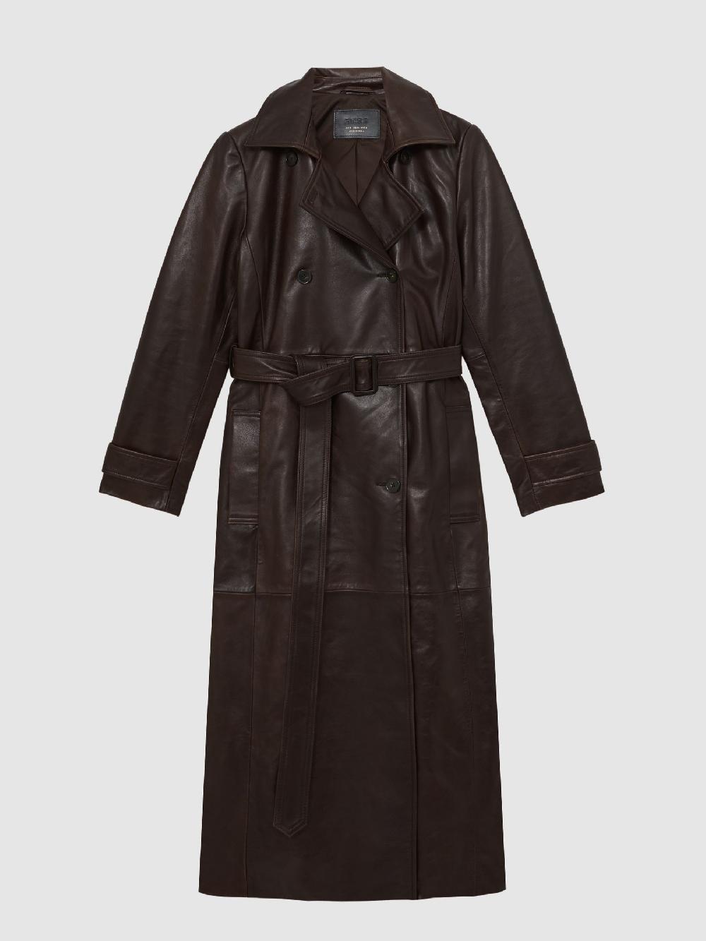 Reiss Leather Double-Breasted Trench Coat In Chocolate