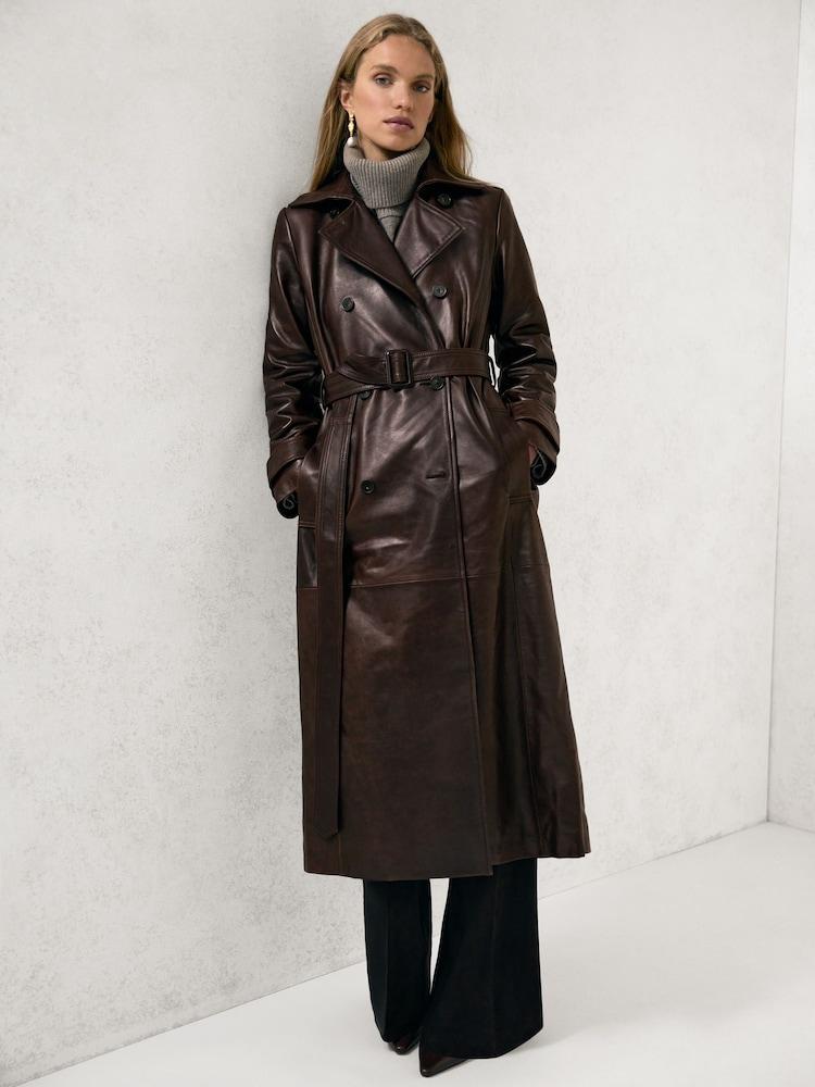 reiss Leather Double-Breasted Trench Coat in Chocolate