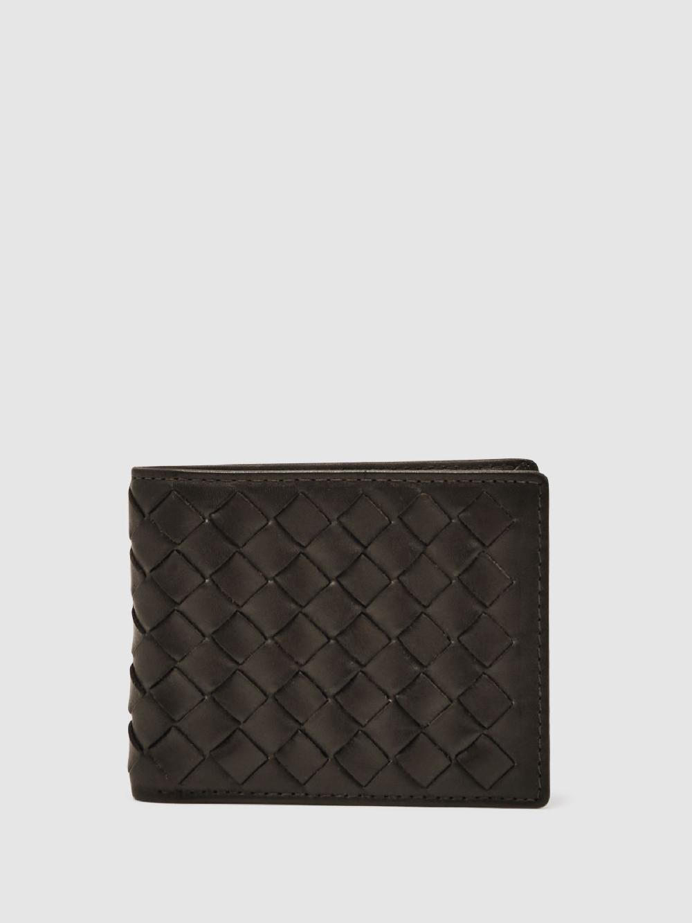 Reiss Leather Large Lattice-Effect Wallet In Dark Brown